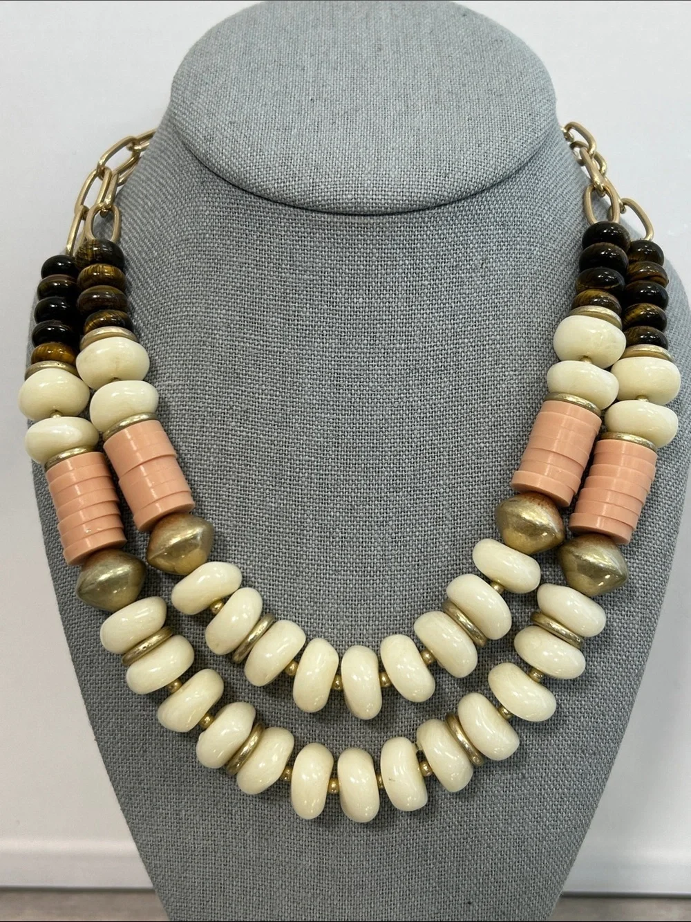 Banana Republic Cream, Peach & Tigers Eye Stone Double Strand Beaded Necklace